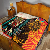 Women's African quilt blanket on bed with bold portraits, multicolor, quilted backing, Happy Women's Day.