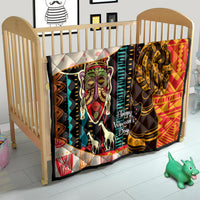 Women's African quilt blanket in crib with bold portraits, multicolor, quilted backing, Happy Women's Day.