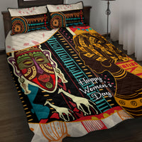 African pattern quilt bed set with 2 matching pillows, Happy Womens Day text, dark colorful design
