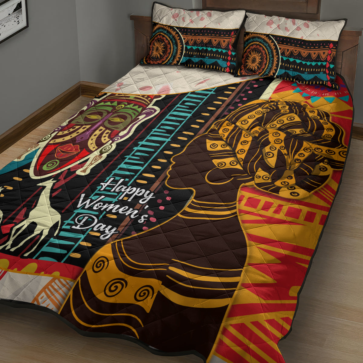 African pattern quilt bed set on bed with 2 matching pillows, bold dark colorful figures