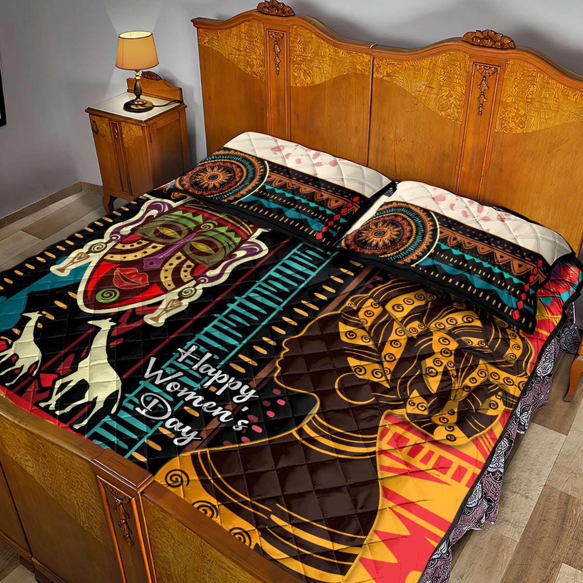 African artwork quilt bed set with 2 matching pillows on bed, Happy Womens Day motif