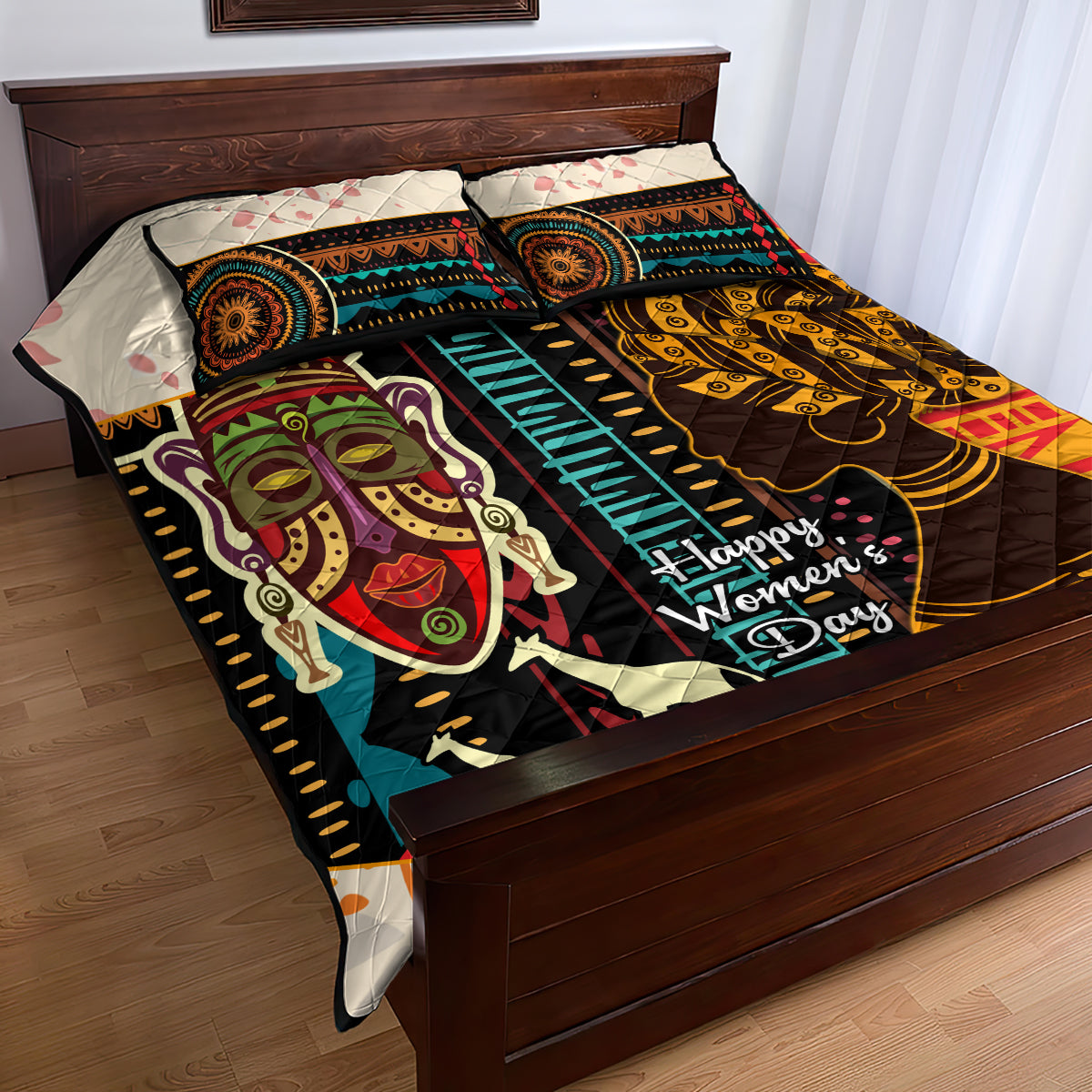 African pattern quilt bed set with 2 matching pillow shams, dark base with colorful figures