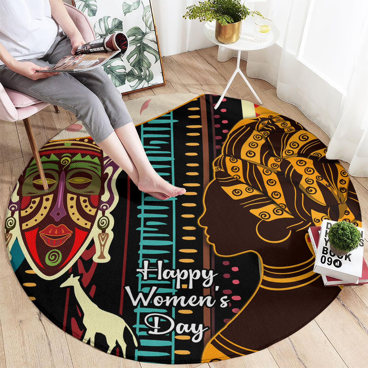 Round African-pattern carpet with portraits, stripes, and “Happy Women’s Day”