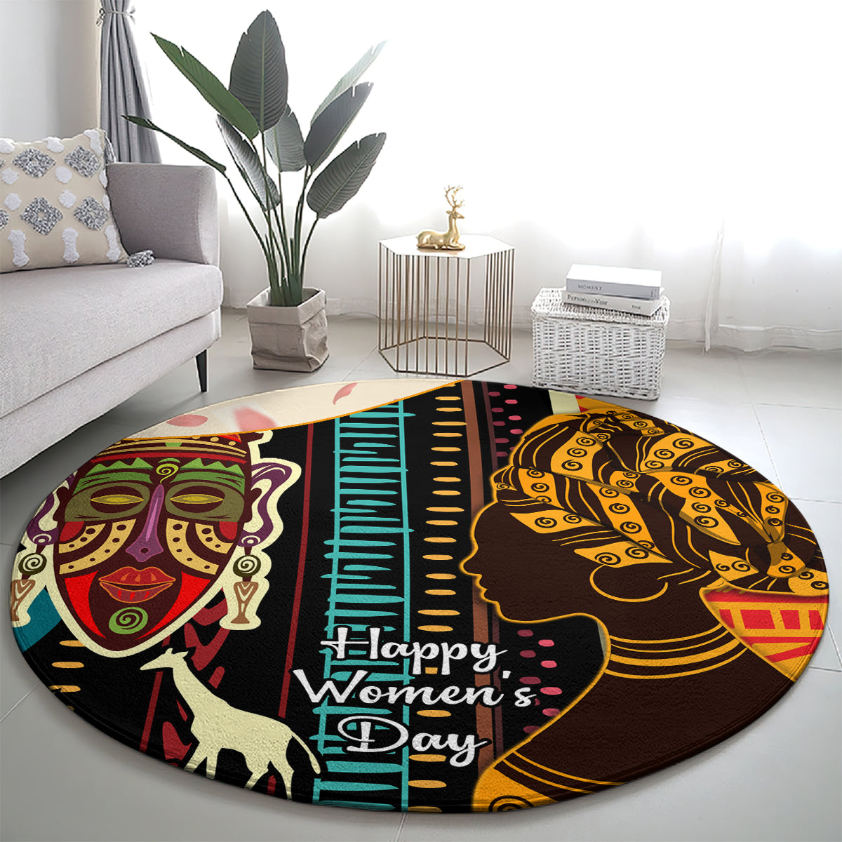 Round African-pattern carpet featuring colorful portraits and “Happy Women’s Day”