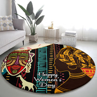 Round African-pattern carpet featuring colorful portraits and “Happy Women’s Day”