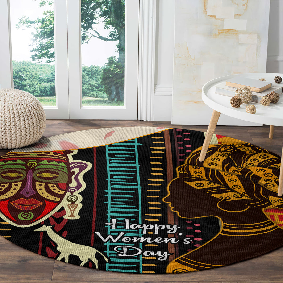 Round African-pattern carpet with colorful faces and “Happy Women’s Day” text
