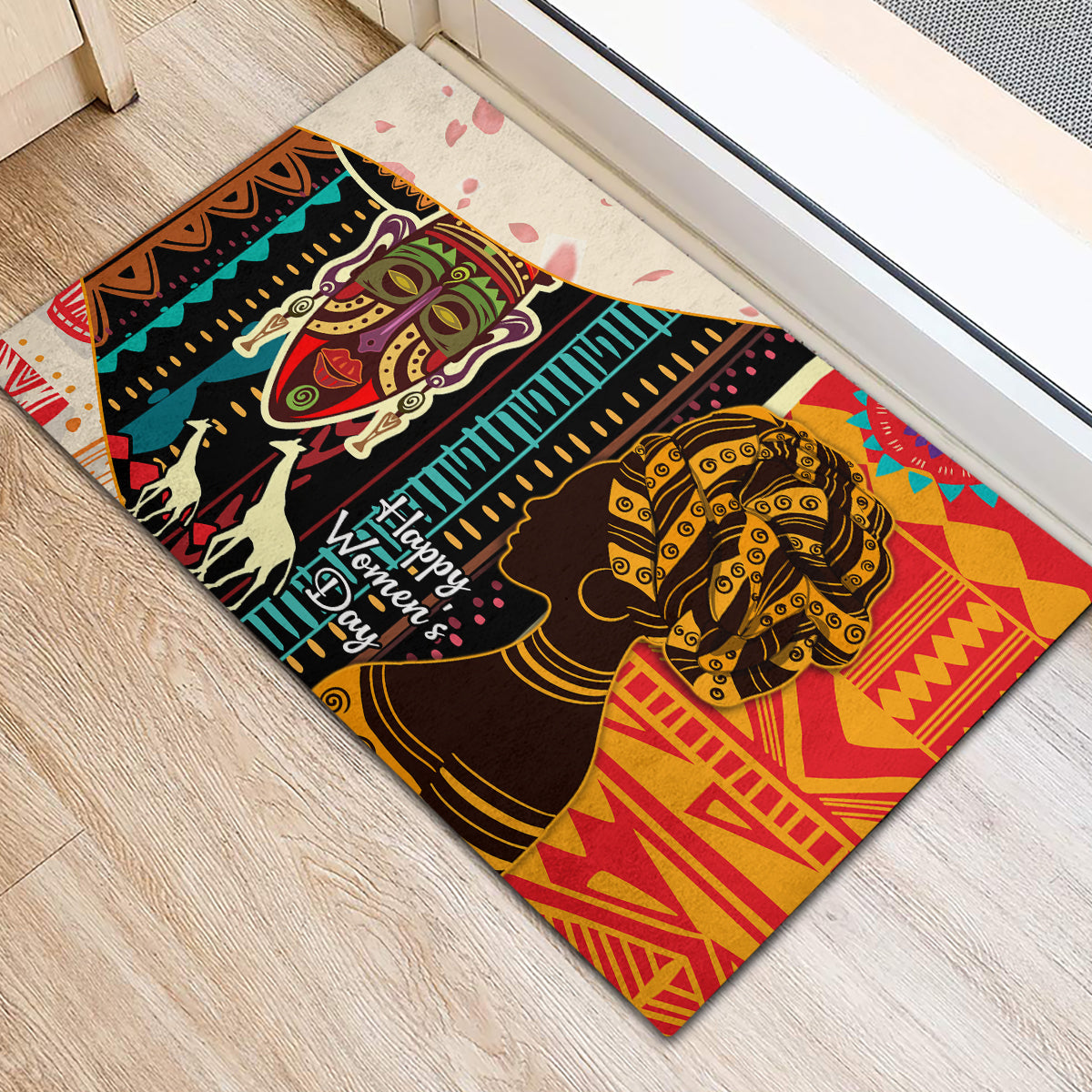 Rubber doormat with Happy Women’s Day lettering and African woman portraits