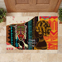 Rubber doormat with large African woman portrait, second face, and Happy Women’s Day