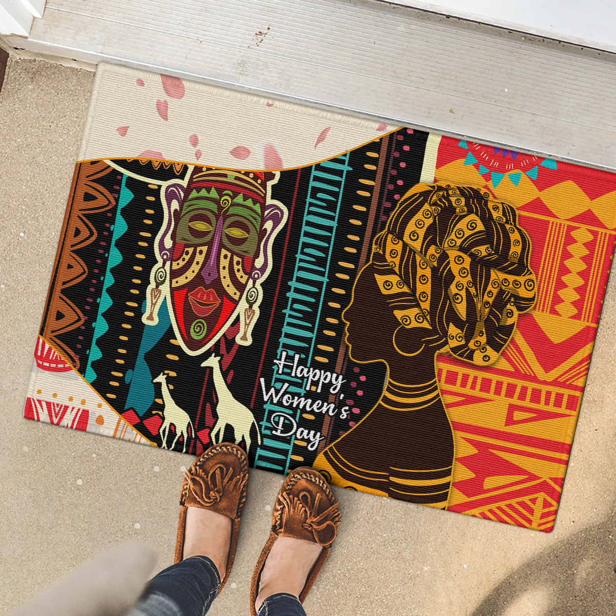 Rubber doormat with Happy Women’s Day design and stepping feet at entry