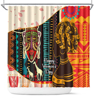 African pattern shower curtain, elephant graphic and “Happy Women’s Day” text