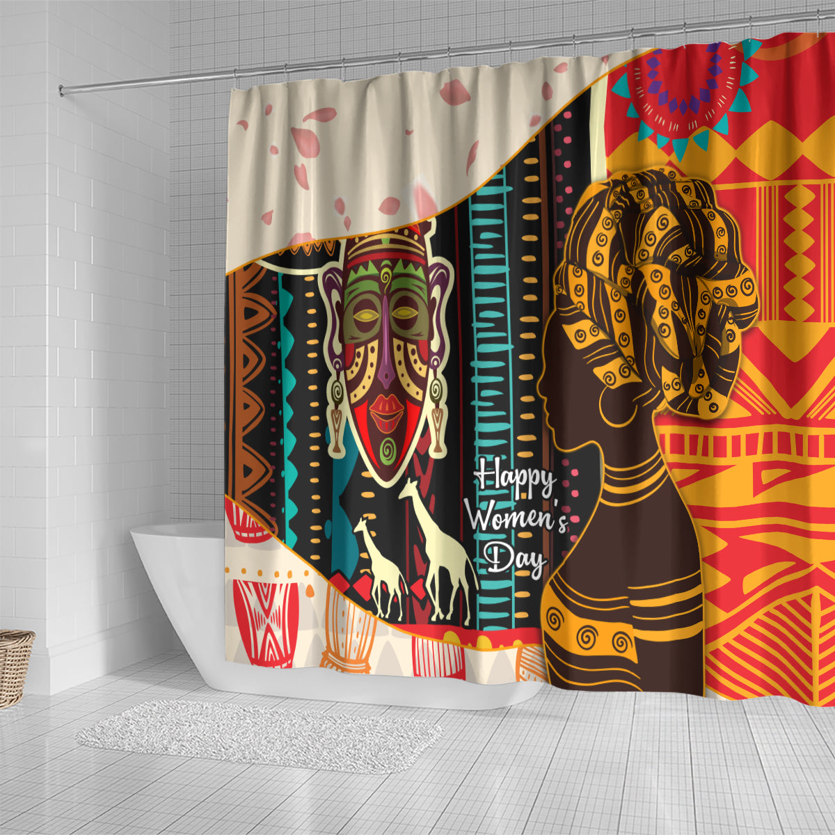 African pattern shower curtain with elephant and two figure panels, “Happy Women’s Day”