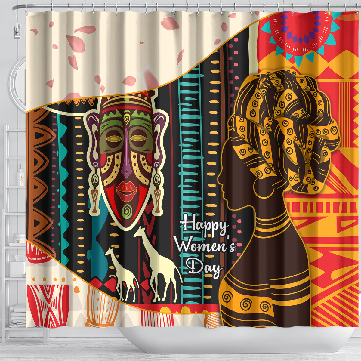 African pattern shower curtain with elephant and mask figures, red and gold decorative art