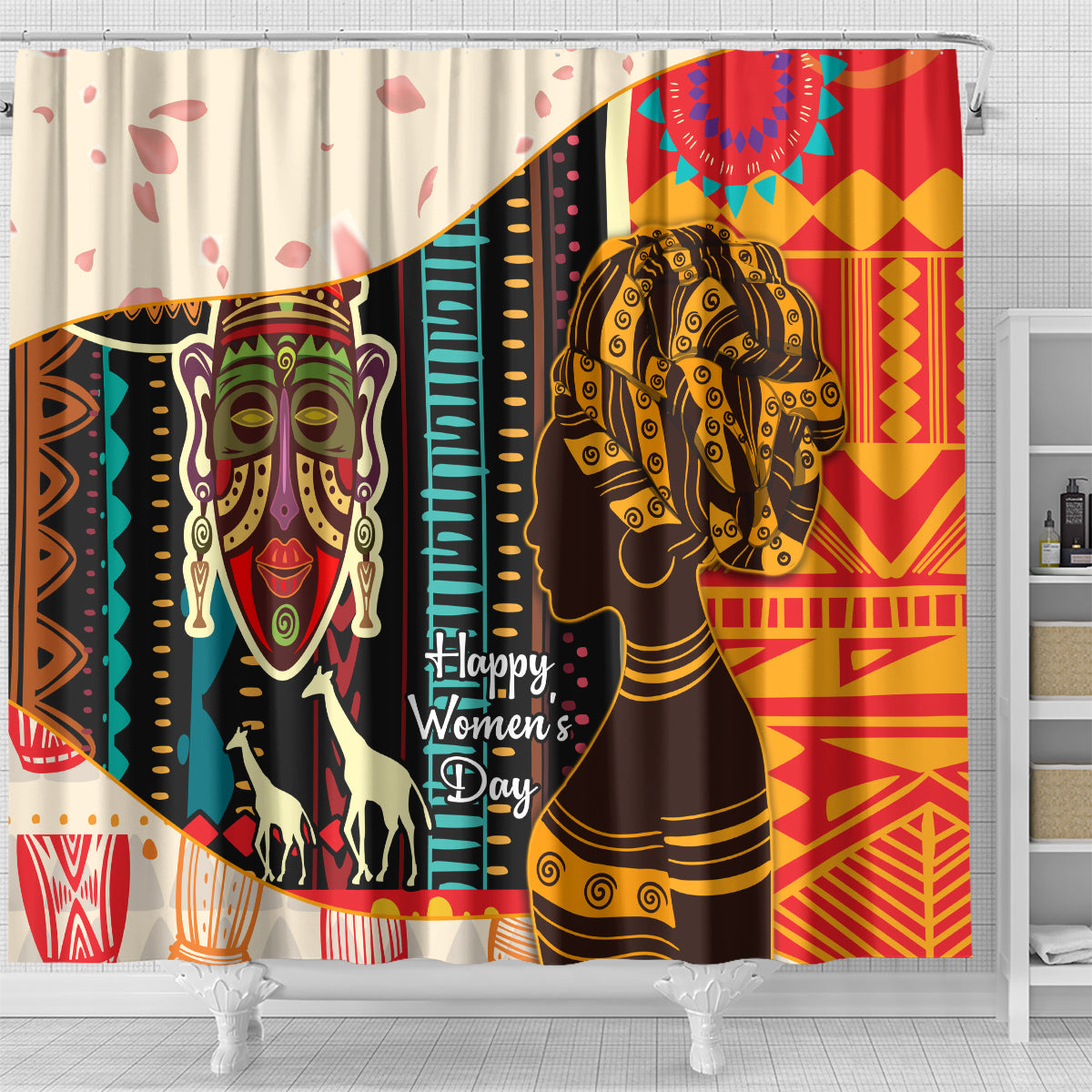 African pattern shower curtain with elephant, women’s day text, colorful panel design