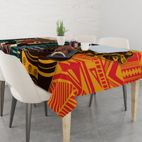 African-pattern tablecloth with red-yellow geometric stripes and dark shapes