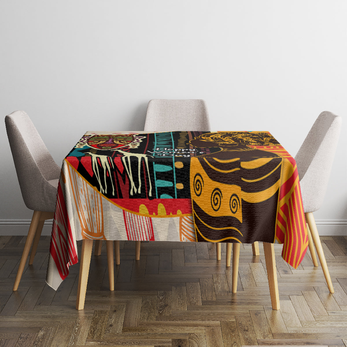 Rectangular African-style tablecloth with colorful mask and geometric prints
