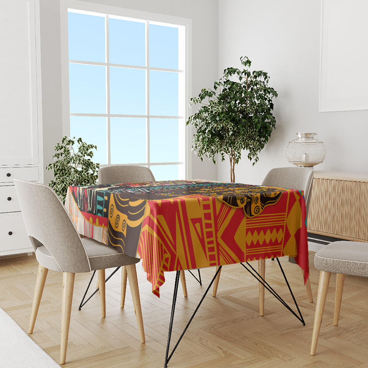 Multicolor African-pattern tablecloth on dining table in a bright room