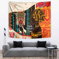 Decorative wall tapestry with stylized woman and horse, red and gold tribal patterns on cream base