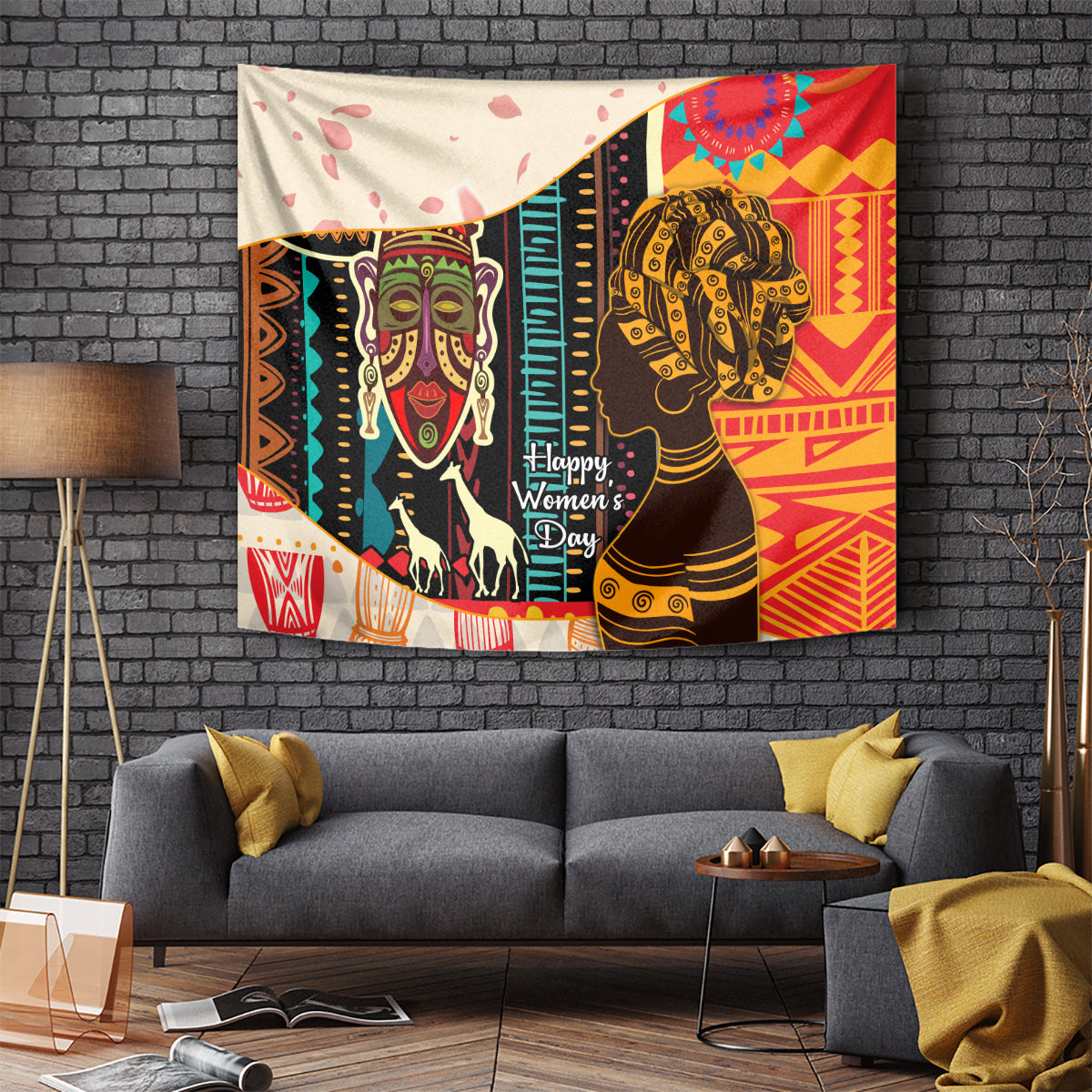 Africa Women Day wall tapestry with ornate woman, horse, and bold red geometric patterns