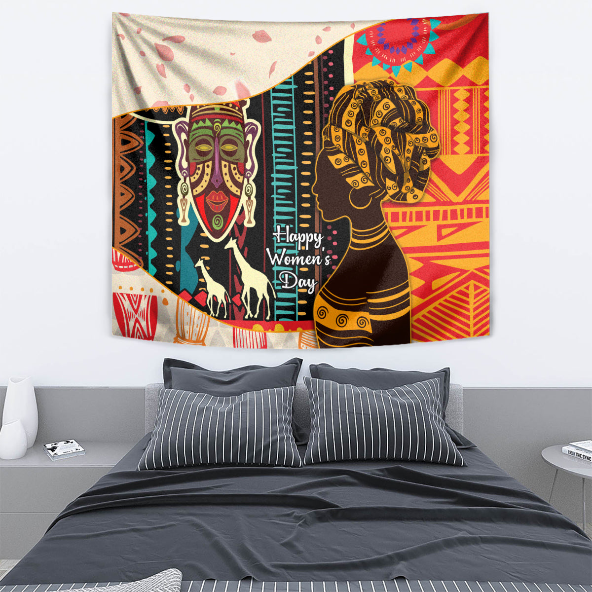 African tapestry with colorful woman and horse figures, black, gold, red, and cream pattern