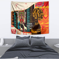 African tapestry with colorful woman and horse figures, black, gold, red, and cream pattern