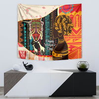 Colorful African tapestry wall hanging with woman face, horses, and vivid red geometric artwork