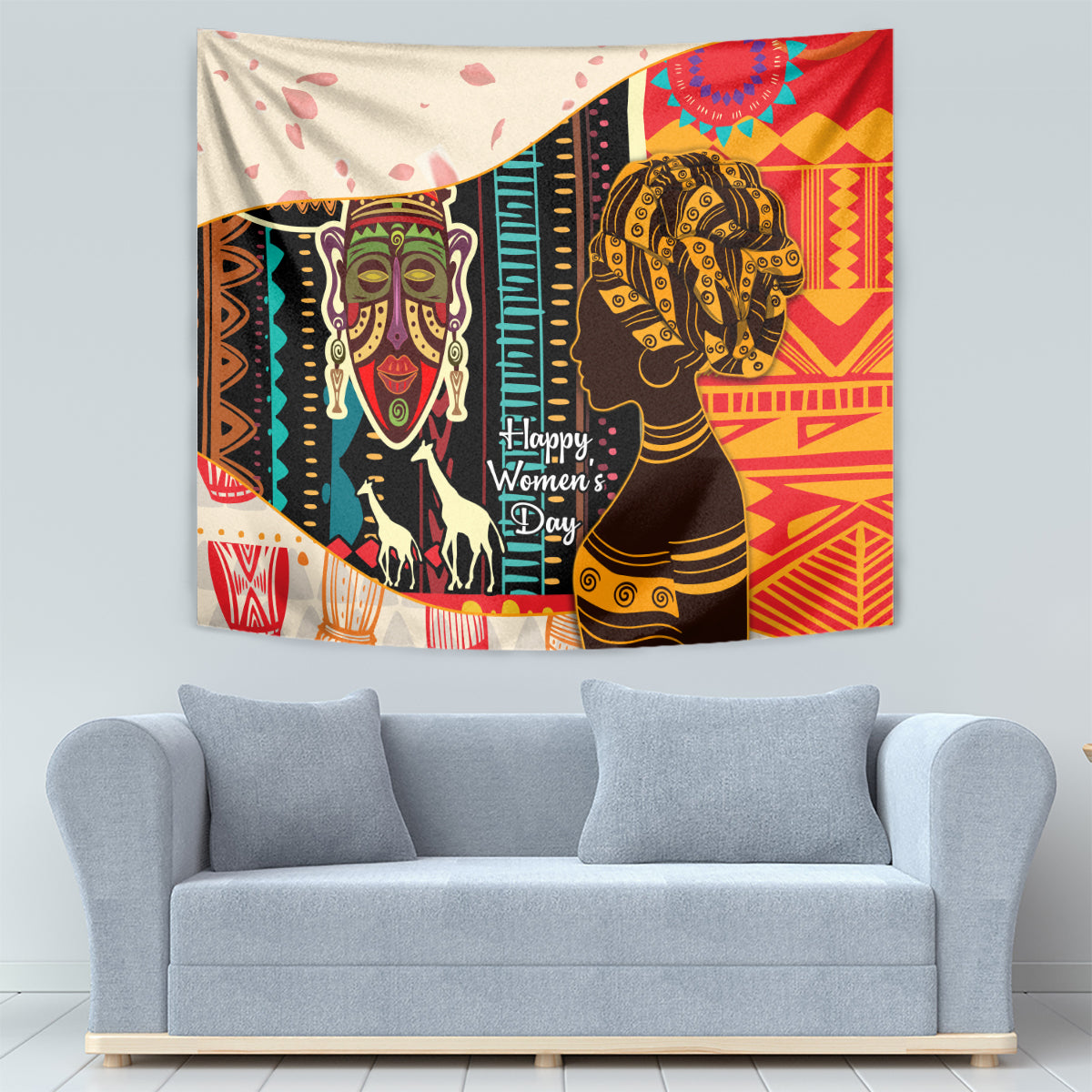 African-themed tapestry featuring a woman portrait, camel and geometric designs in red, gold, and black
