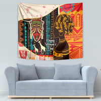 African-themed tapestry featuring a woman portrait, camel and geometric designs in red, gold, and black