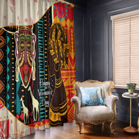 Side view of African-style window curtains with woman portrait print and colorful geometric detailing