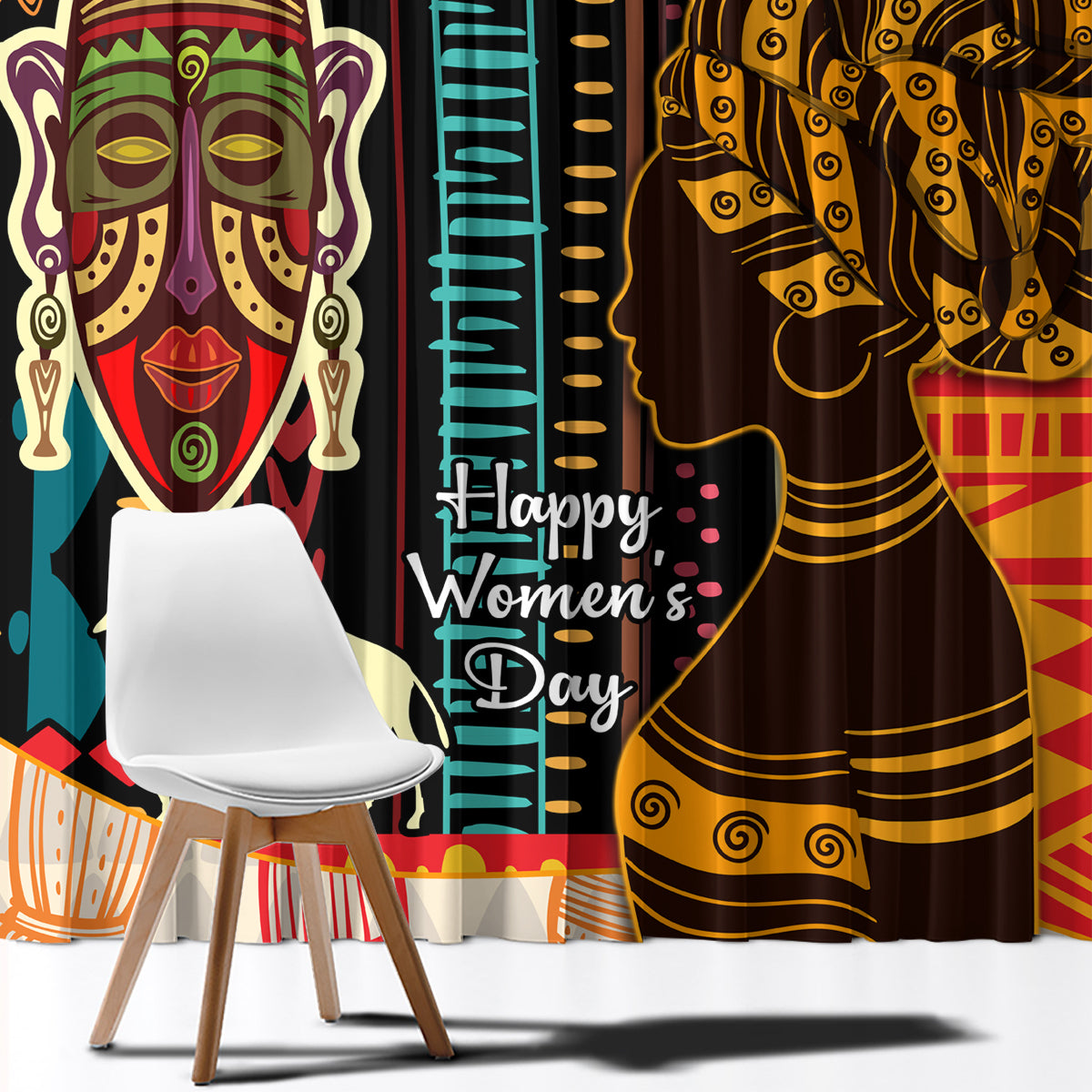 Close-up of African woman portrait curtain panels with bold face artwork and black background