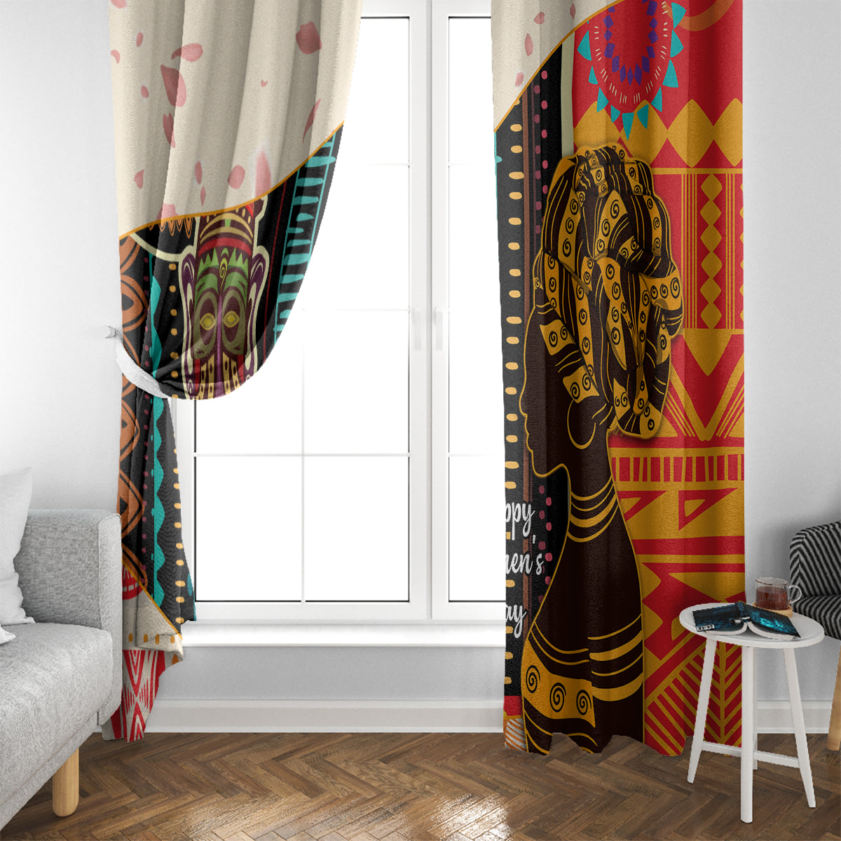 Window curtain set with two African-style woman portrait panels, dark brown and gold accents