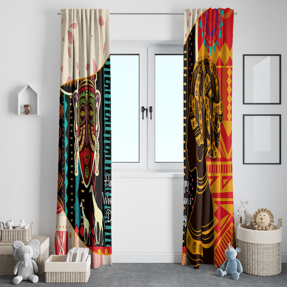 Paired window curtains featuring African woman portrait designs in gold, red, and teal on white