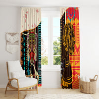 Long window curtain panels with African woman portrait patterns in teal, red, and gold blocks