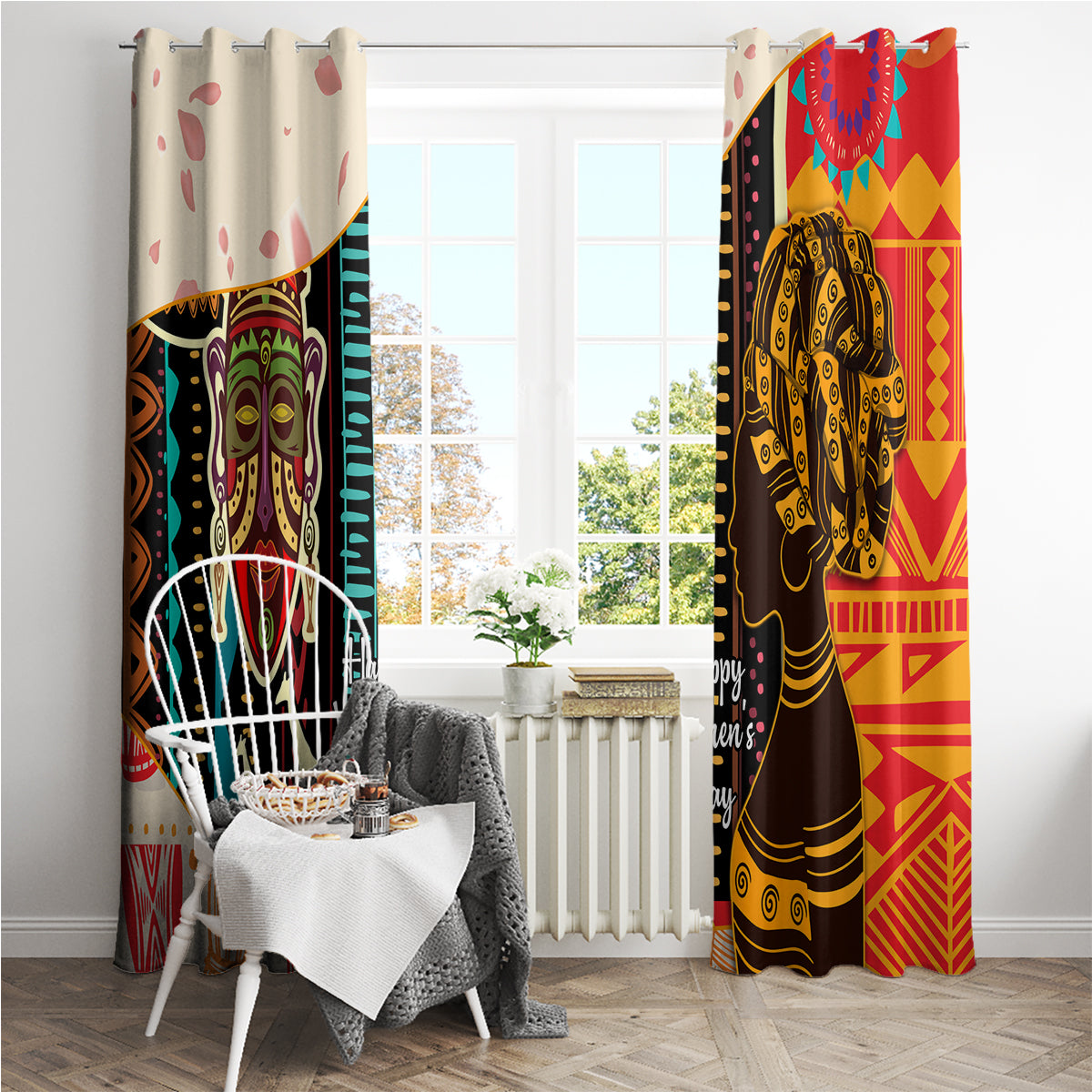 Two window curtain panels with African woman portrait designs in teal, red, gold, and black