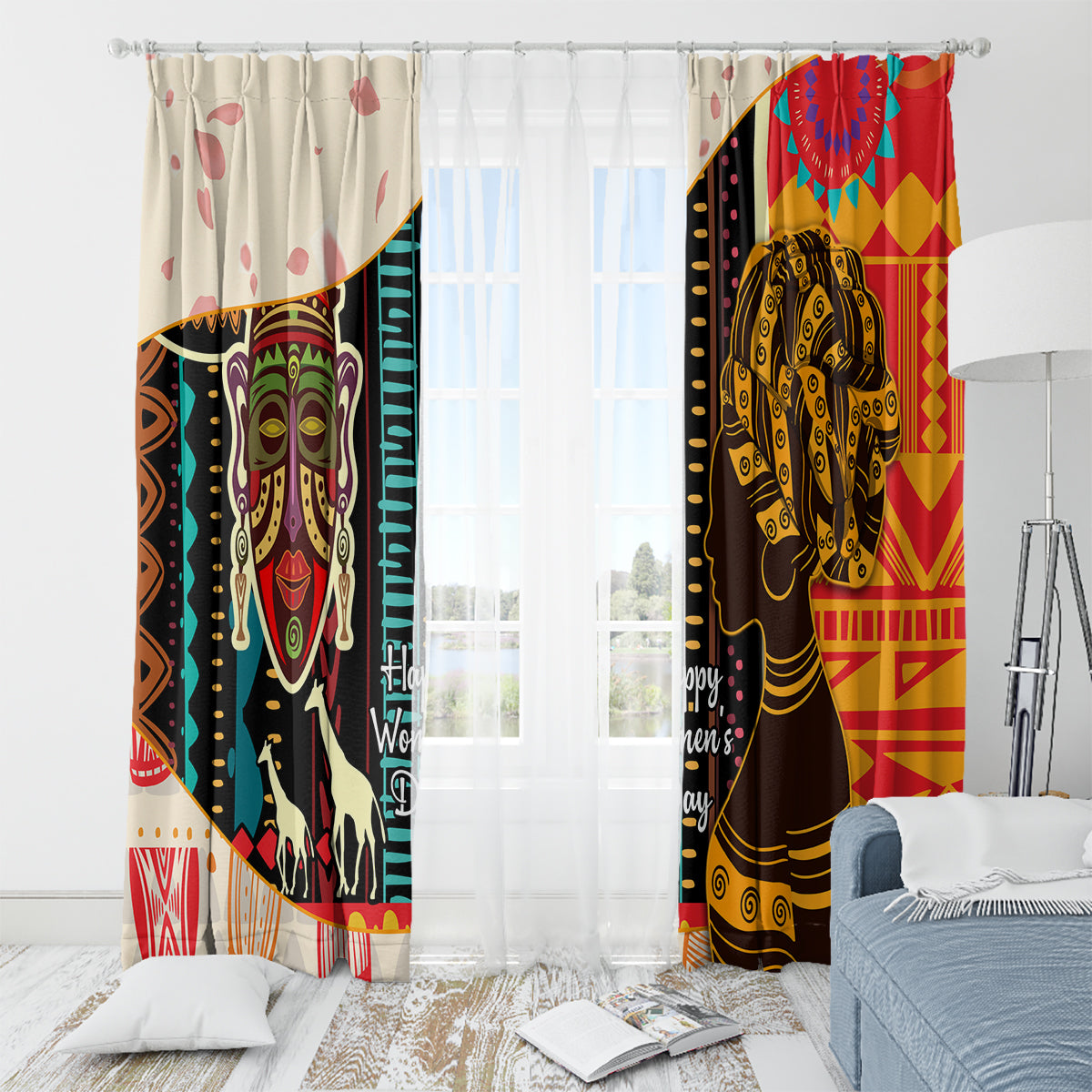 Full window curtain set with African woman portrait panels in red, gold, black, and white