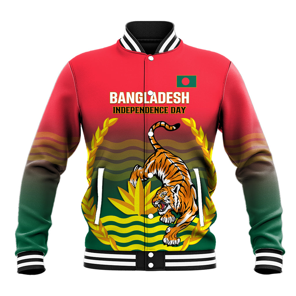 Red unisex baseball jacket with tiger Independence Day graphic and striped rib trim
