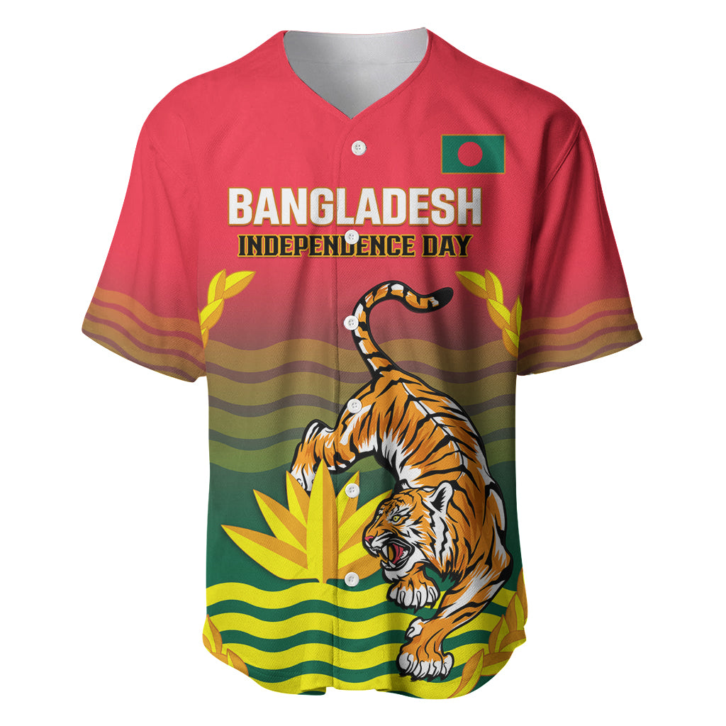 Red Bangladesh Independence Day baseball jersey with tiger graphic and wreath, button front
