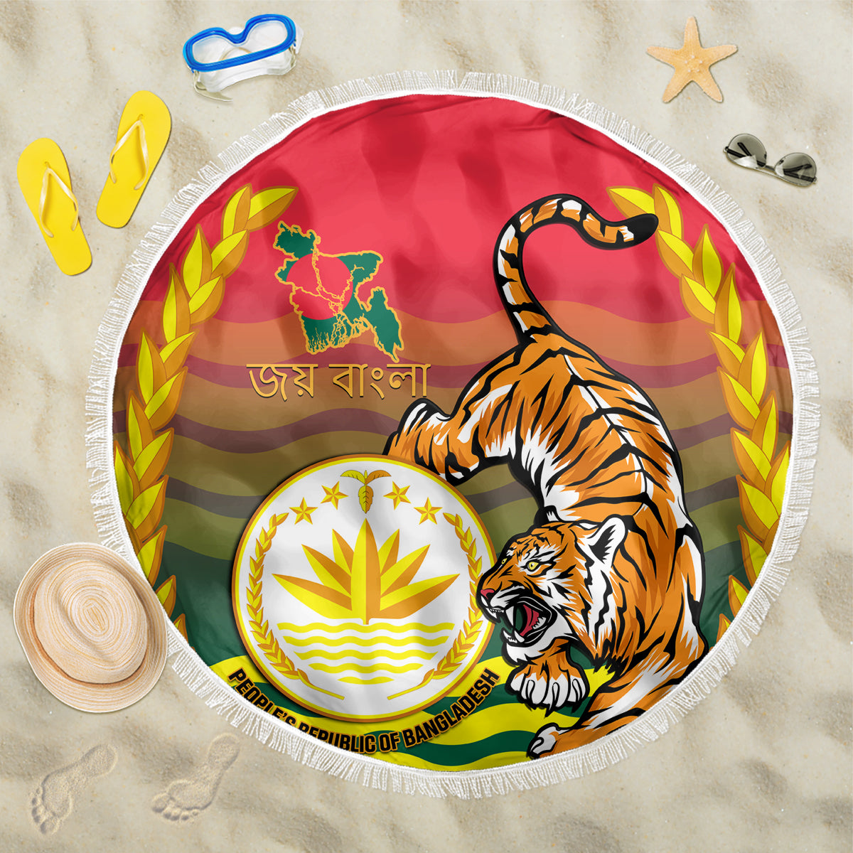 Red circular beach blanket with tiger, laurel wreath, and Bangladesh emblem, fringed edge
