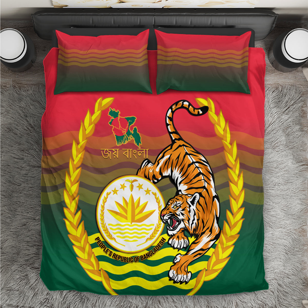 Bangladesh flag tiger bedding set with coat of arms, centered tiger emblem on green-red duvet