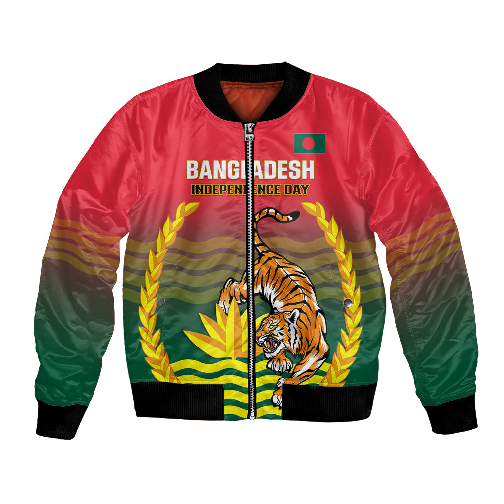 Red bomber jacket with ribbed collar, zip front, tiger and laurel graphic, green sleeves