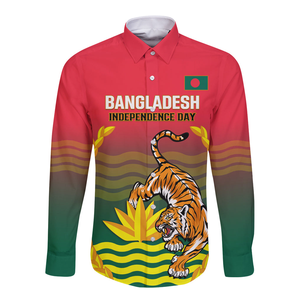 Long-sleeve button shirt in red with tiger and Independence Day graphic, collared