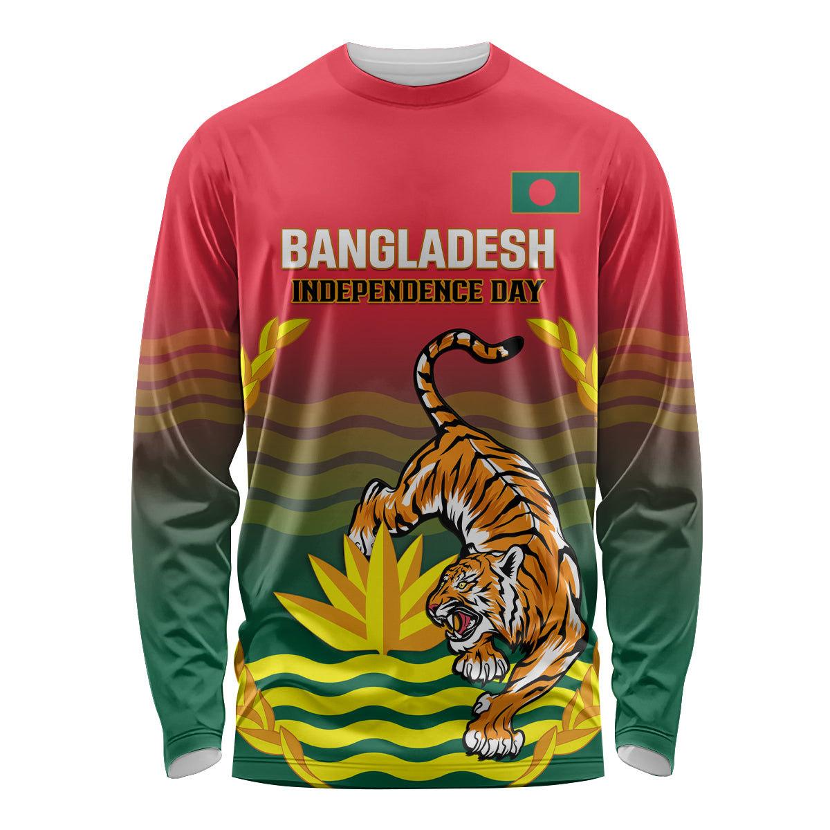 Unisex red long-sleeve shirt with tiger graphic and Independence Day lettering