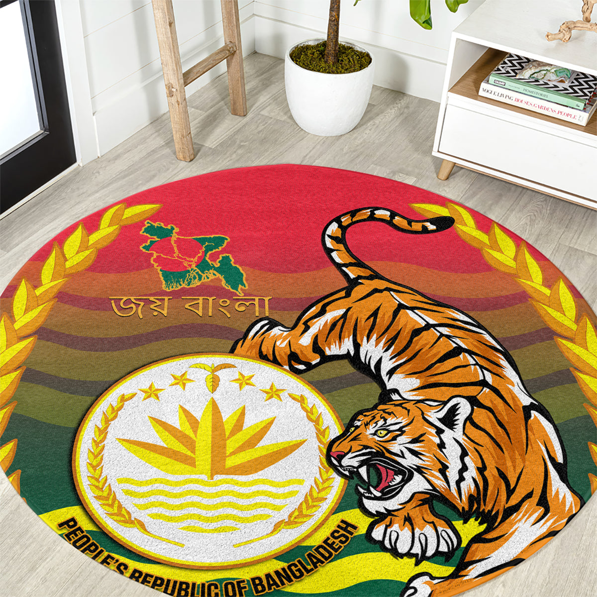Round red carpet with tiger and Bangladesh coat of arms emblem in center