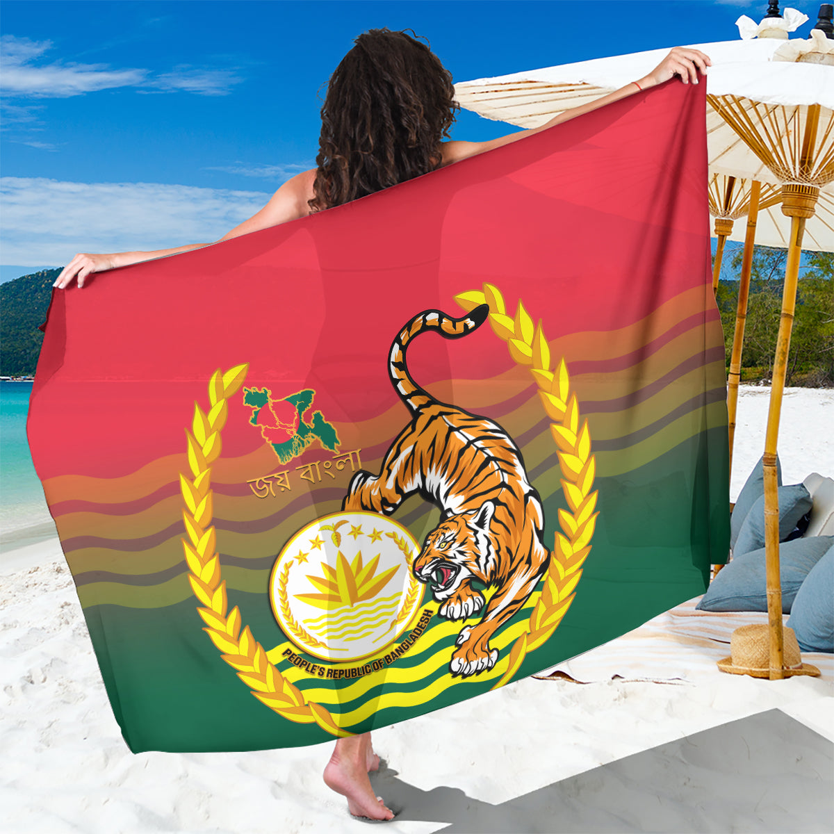 Red and green sarong with tiger emblem and gold laurel stripes, draped