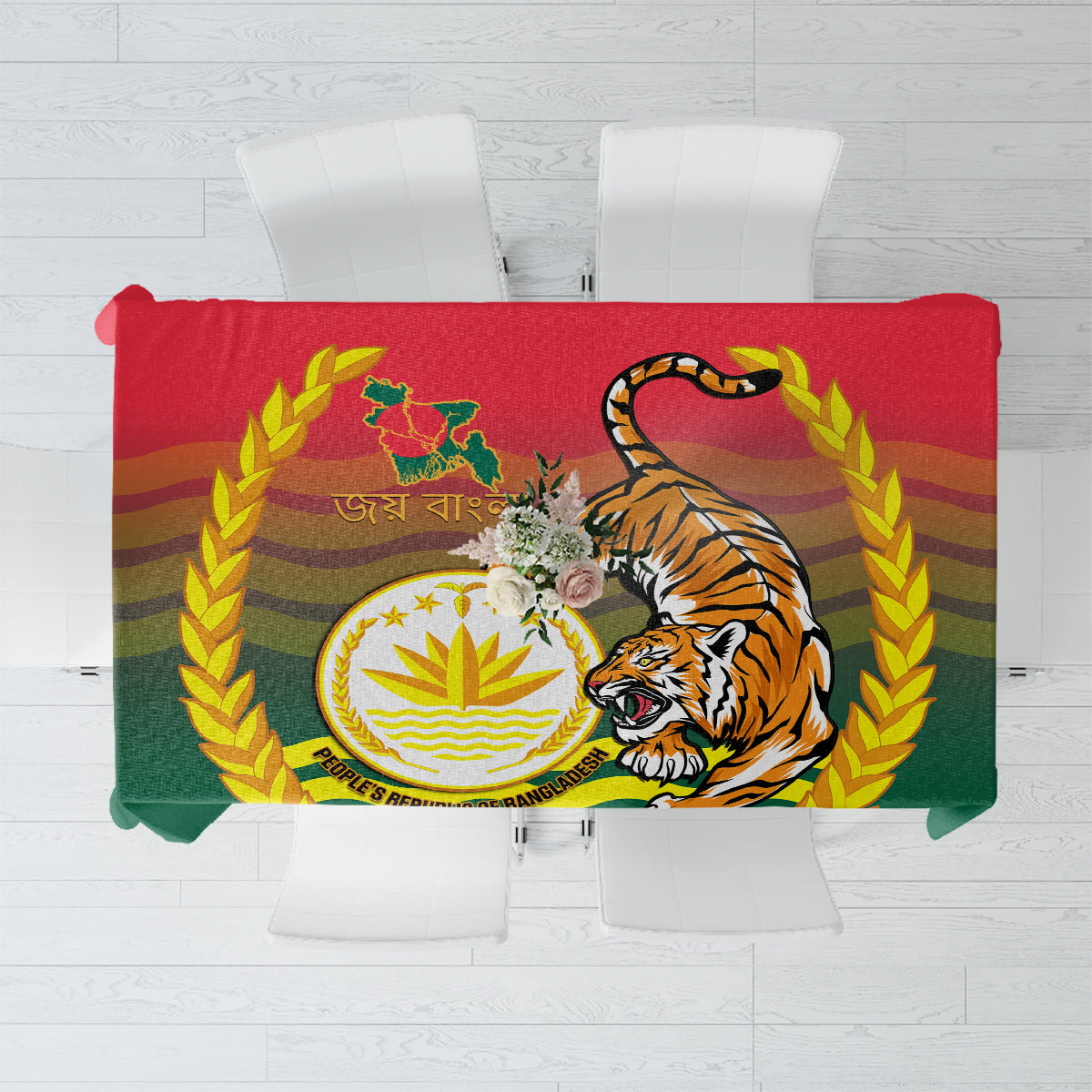 Red and green Bangladesh flag tablecloth with tiger and coat of arms center print