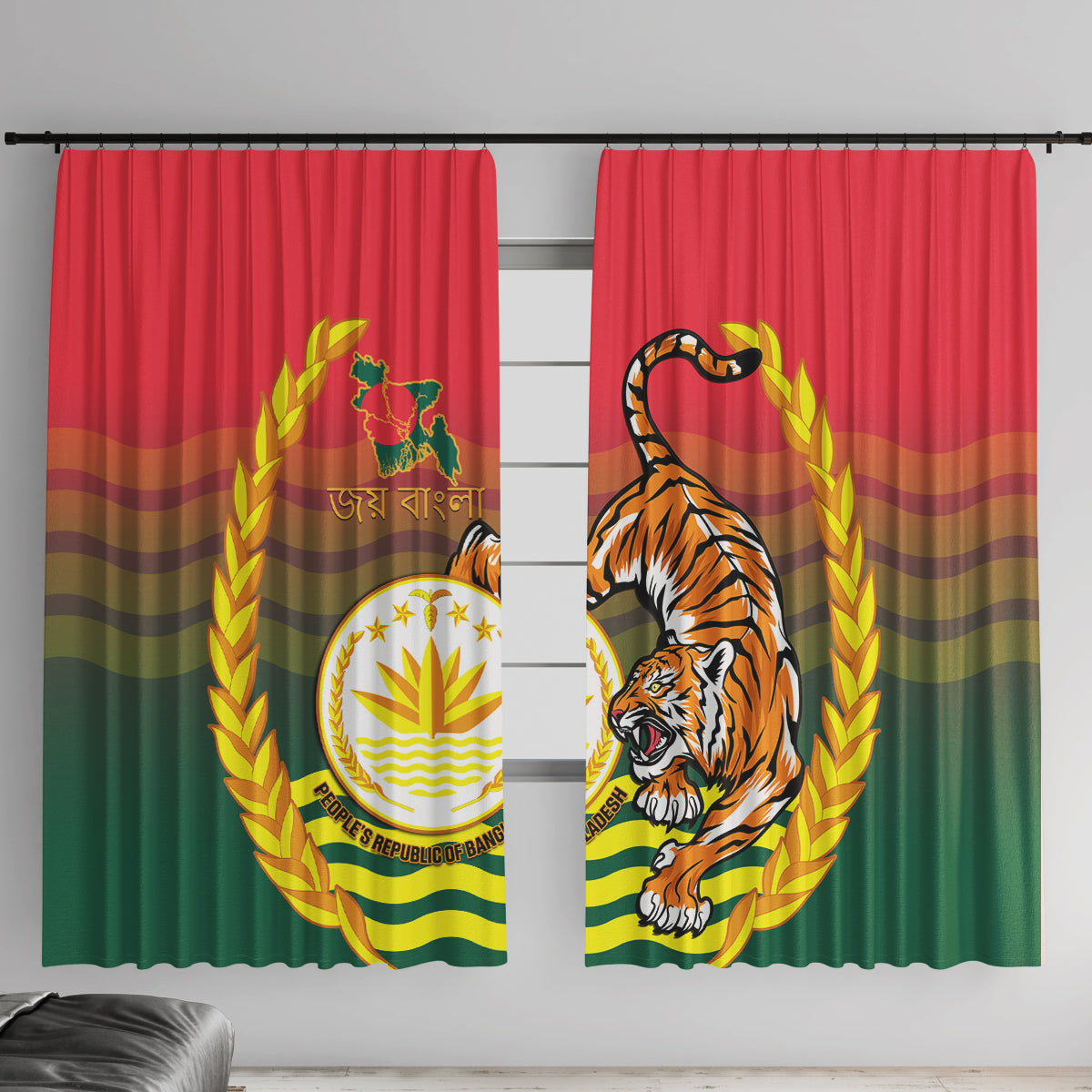 Bangladesh window curtain, red/green panels with Bengal tiger and coat of arms print