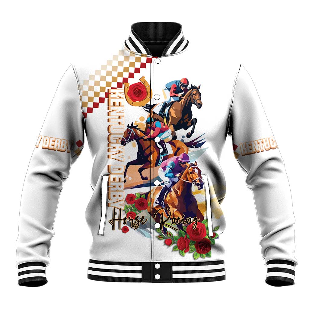 White baseball jacket with horse-racing graphic, roses, striped collar and cuffs