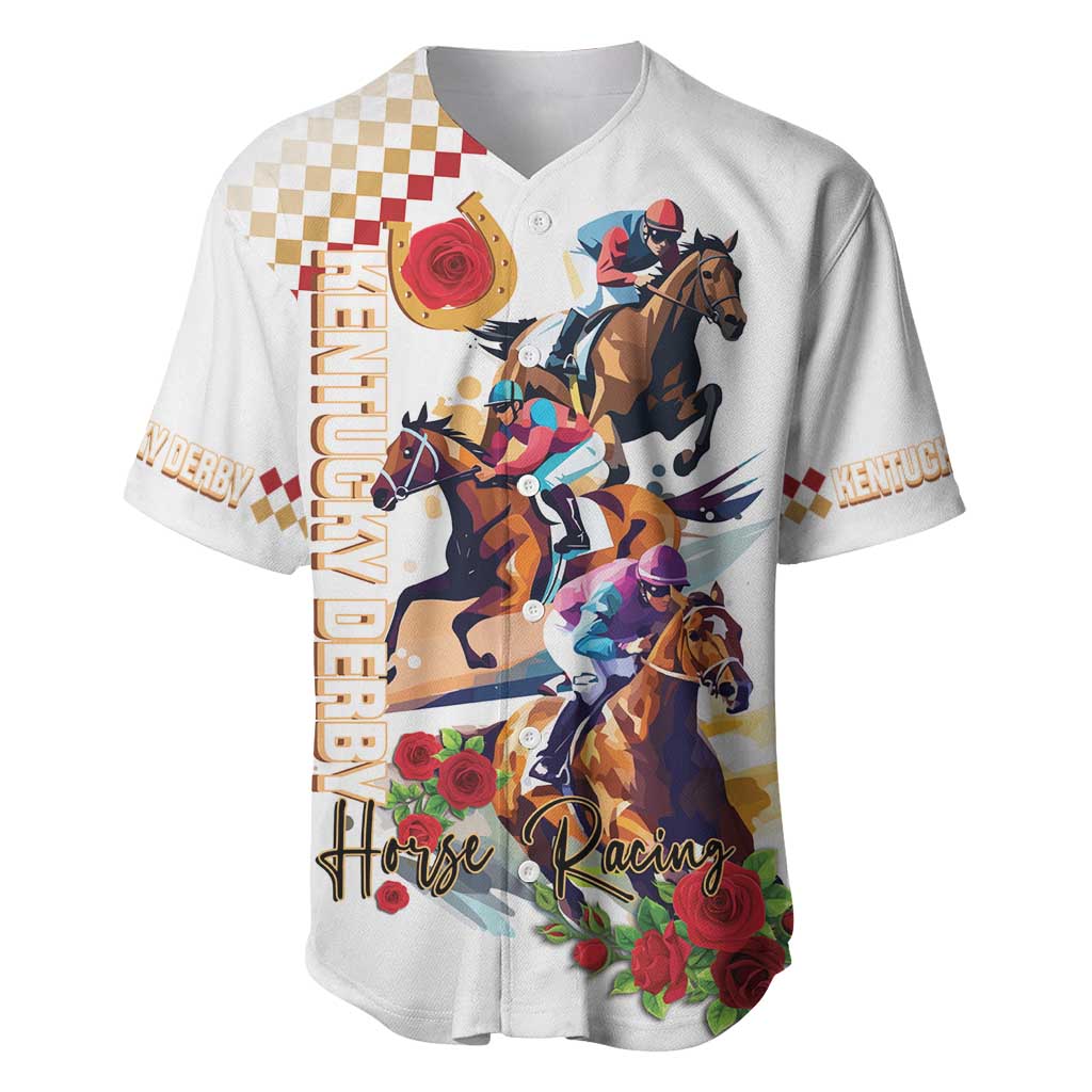 White baseball jersey with horse racing print, rose accents, and Kentucky lettering
