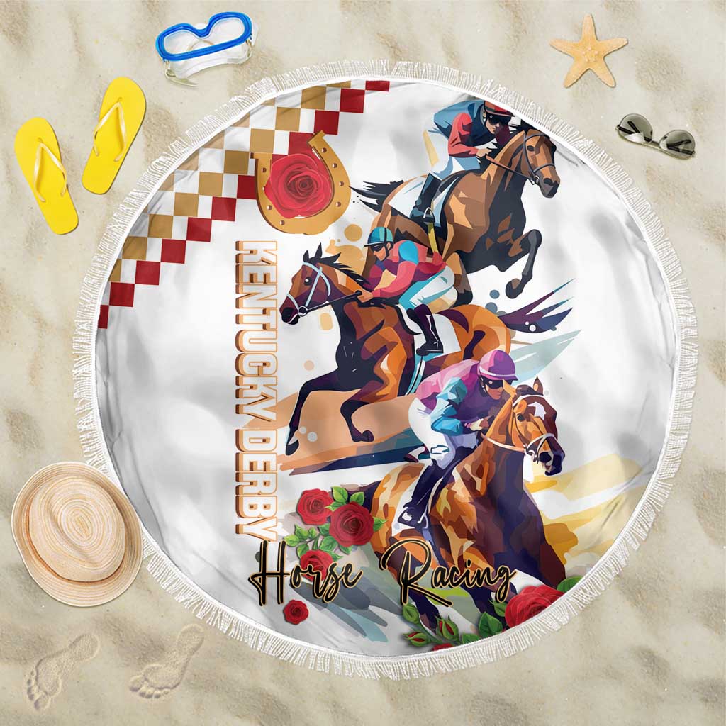 Round white beach blanket with horse racing and roses graphic, fringed edge.