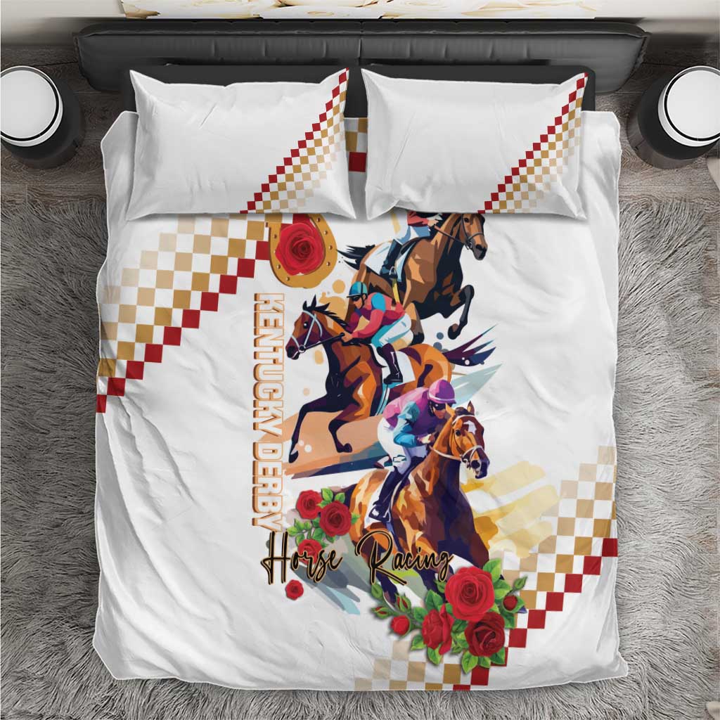 White duvet with horse racing artwork, roses, and red checkered corner trim; two pillows