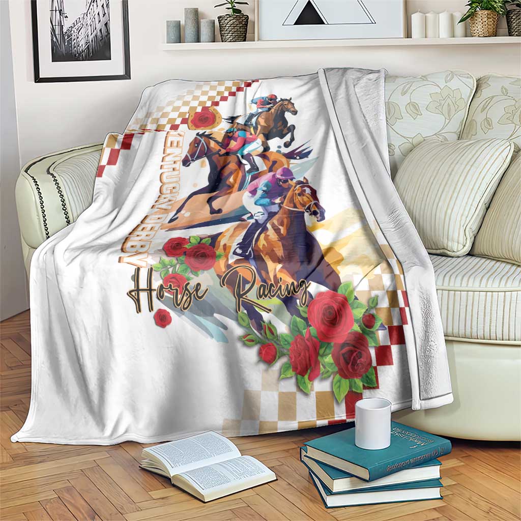 White Kentucky horse racing blanket, featuring jockeys, horses, checkered frame and roses
